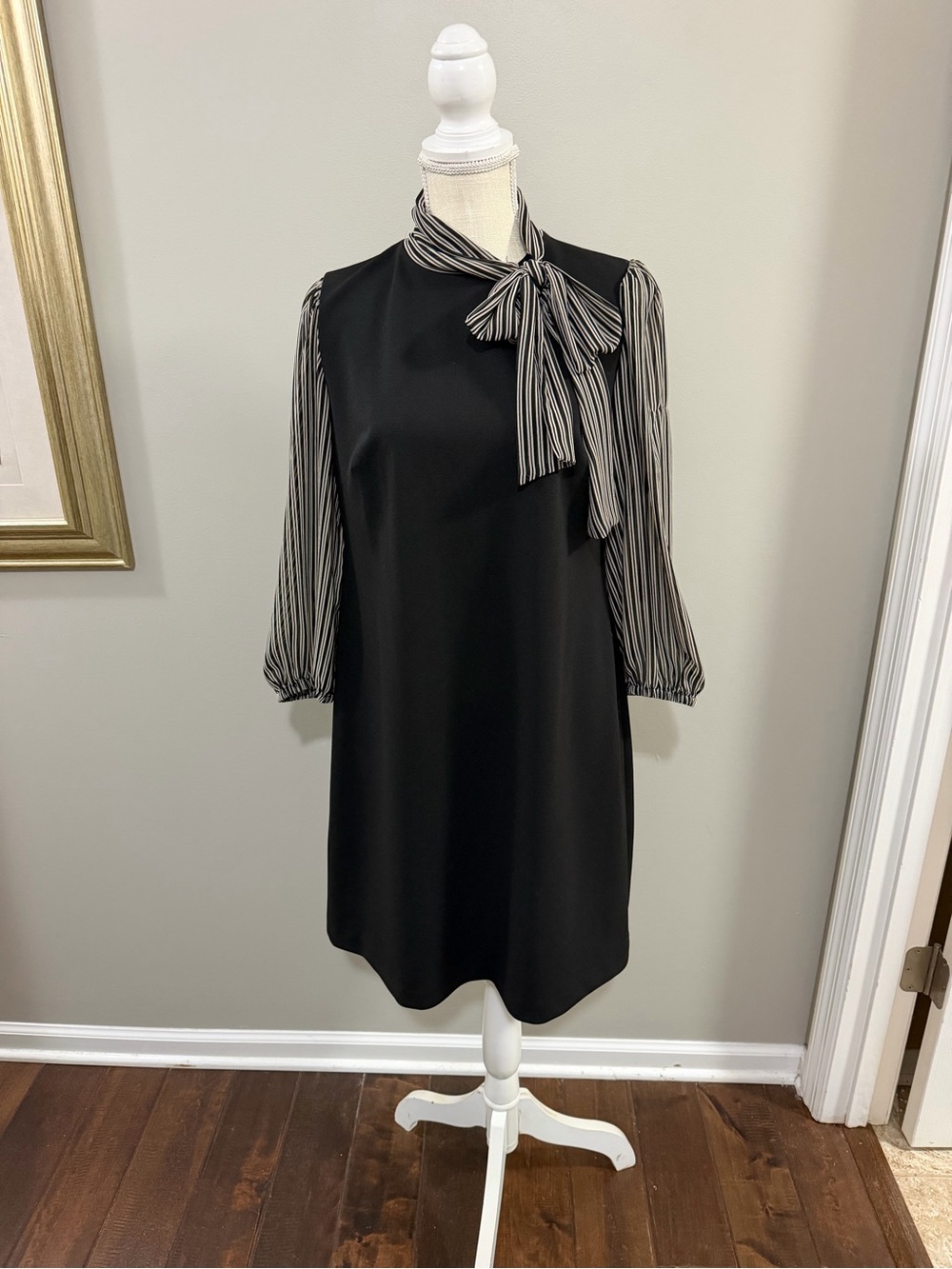 Calvin Klein Black Shift Dress with Striped Bow Tie Neck